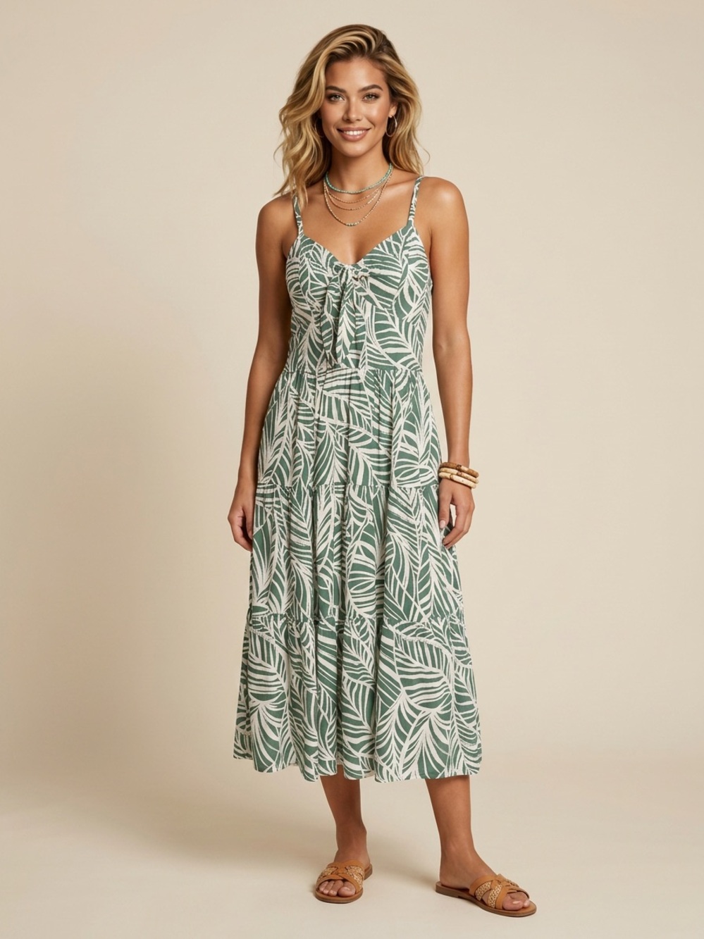 Tropical Escape Palm Leaf Tiered Midi Dress